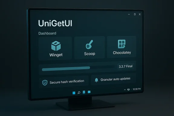 A dark monitor shows the UniGetUI dashboard with Winget, Scoop, and Chocolatey tiles.