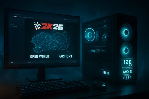 Blue-lit gaming setup with a glass-panel PC tower and monitor showing W2K26 Open World Factions. Blue-lit gaming setup with a glass-panel PC tower and monitor showing W2K26 Open World Factions.