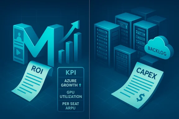 KPIs and ROI with Azure growth on the left; servers, backlog cloud, and CAPEX on the right.