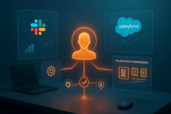 Glowing orange user icon connected to apps and permissions on a holographic dashboard.
