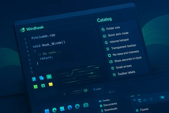 Futuristic code editor UI split with a Windhawk panel and a catalog settings menu. Futuristic code editor UI split with a Windhawk panel and a catalog settings menu.