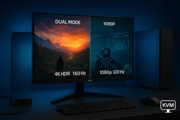 Dual-mode monitor: left 4K HDR 160 Hz landscape, right 1080p 320 Hz shooter.