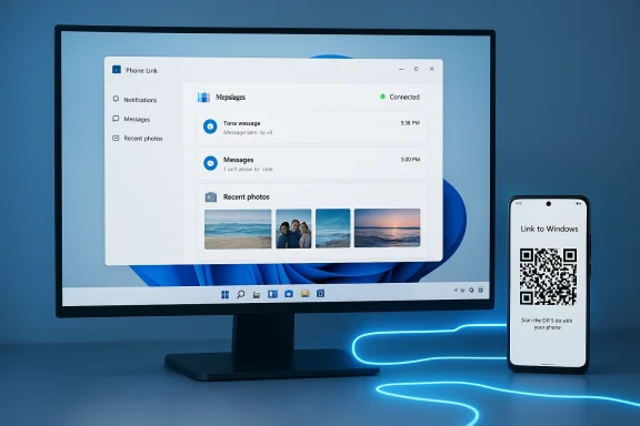 Windows PC screen shows Phone Link app; a smartphone beside it displays a QR code.