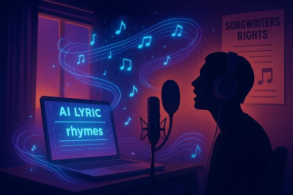 A singer records AI LYRIC rhymes on a laptop, with neon musical notes swirling around.