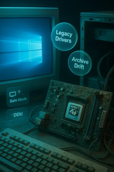 Retro computer setup with a CRT monitor, dusty motherboard, and floating 'Legacy Drivers' and 'Archive Drift' tags.