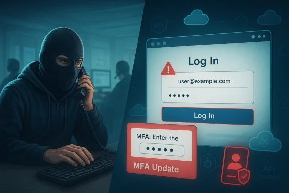 A masked hacker on a call targets a login screen showing MFA prompts.