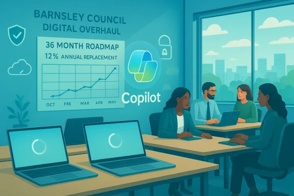 A team in a modern office reviews a Copilot roadmap on a wall chart beside laptops.