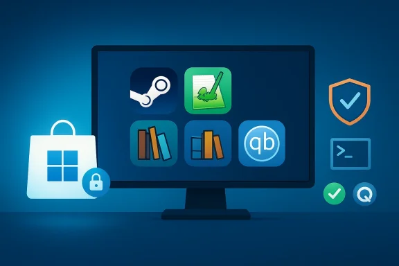 Computer screen displaying app icons and security symbols, conveying software protection.