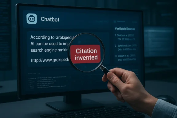 A hand uses a magnifying glass to reveal 'Citation invented' on a chatbot research screen.
