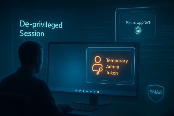 A man monitors a security dashboard showing a de-privileged session, fingerprint approval, and temporary admin token.