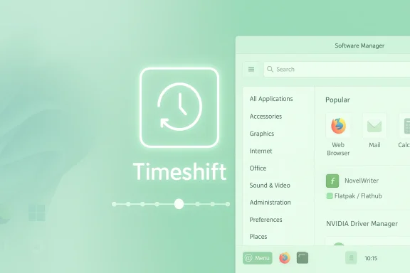 Mint-green UI with the Timeshift clock logo beside a Software Manager window listing apps.