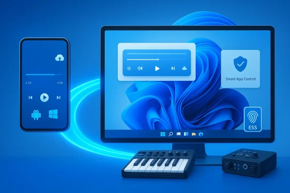 Blue-tinted workspace with a monitor, smartphone, MIDI keyboard, and audio interface.