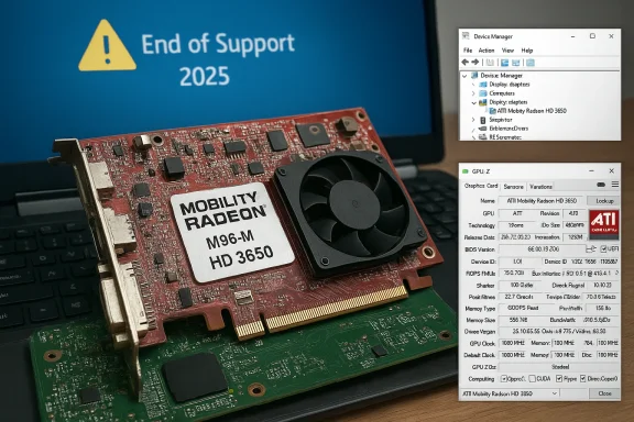 Old Mobility Radeon HD 3650 GPU with cooling fan, in front of a 'End of Support 2025' screen.