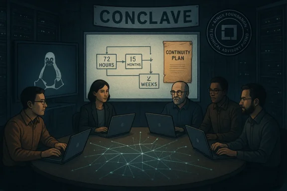 Five colleagues at laptops in a dim server room discuss a continuity plan during a Conclave.