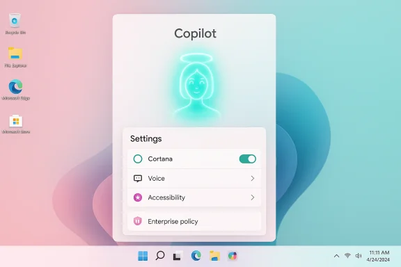 Windows Copilot UI on a pastel, gradient desktop with a Settings panel.