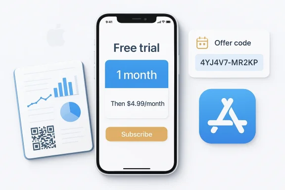 Phone screen shows a free trial for 1 month with a Subscribe option, beside an offer code and App Store icon.