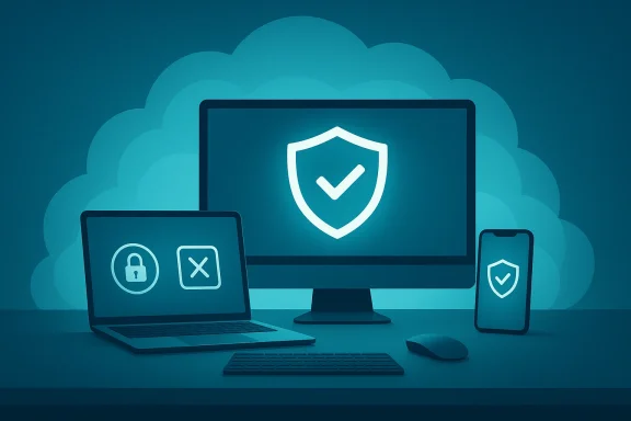 Cloud security illustration: a shield and checkmark on a laptop, monitor, and phone.