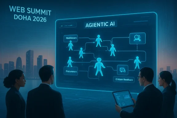 Executives analyze a glowing AI network diagram on a large screen at Web Summit Doha 2026.