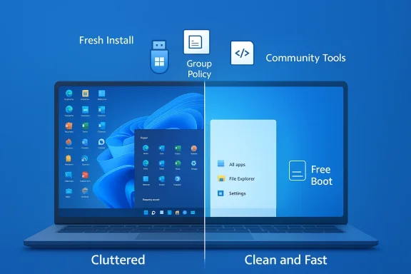 Split-screen: left cluttered desktop on a fresh install, right clean and fast boot.