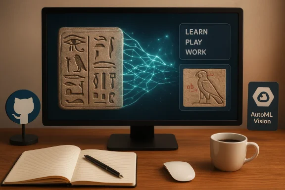 Desk with a monitor displaying hieroglyphs and neural-net graphics, plus Learn/Play/Work, a notebook, and coffee.