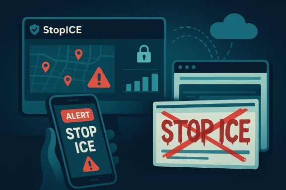 Anti-ICE illustration showing Stop ICE alerts on devices, map pins, and a crossed-out STOP ICE sign.