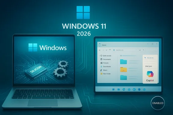 Windows 11 2026 promo showing dual laptops, a silicon chip, and a file-explorer UI.