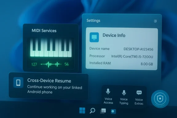 A futuristic blue UI showing MIDI services, device info, and cross-device resume.
