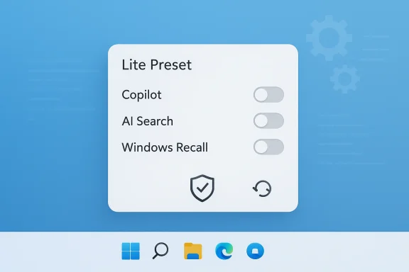 Lite Preset UI with three off toggles (Copilot, AI Search, Windows Recall) on a blue background.