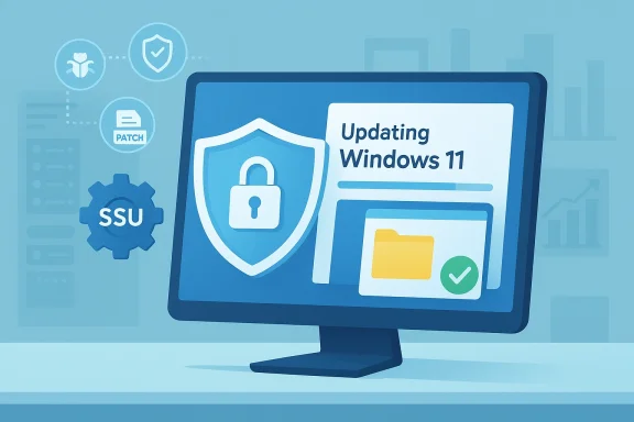 Monitor displays Windows 11 update progress with a security shield and patch icons.