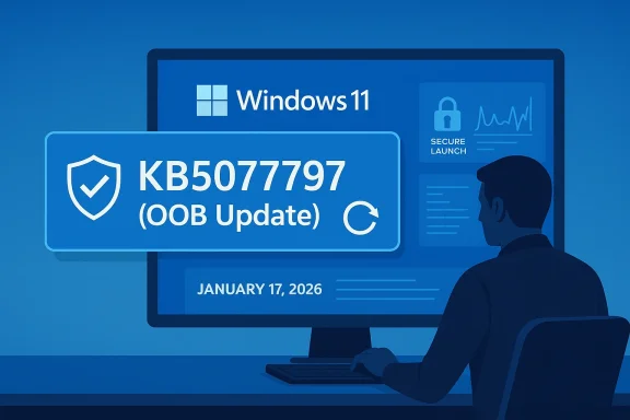 Windows 11 screen displays KB5077797 (OOB Update) prompt as a person sits at a desk. Windows 11 screen displays KB5077797 (OOB Update) prompt as a person sits at a desk.