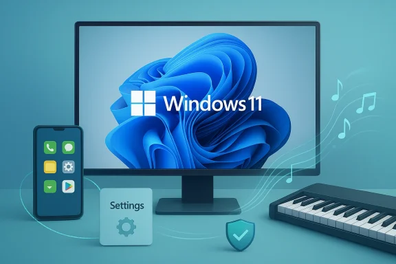 Windows 11 desktop with a smartphone, settings icon, shield, and musical notes.