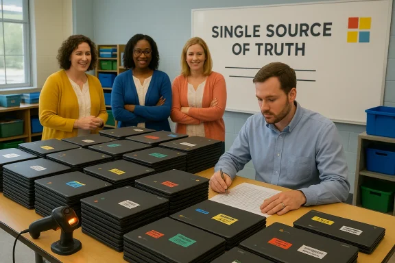 A man signs papers at a table while three coworkers watch in a room labeled 'Single Source of Truth'.