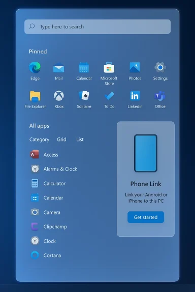 Windows 11-style start panel with pinned apps and a Phone Link card.