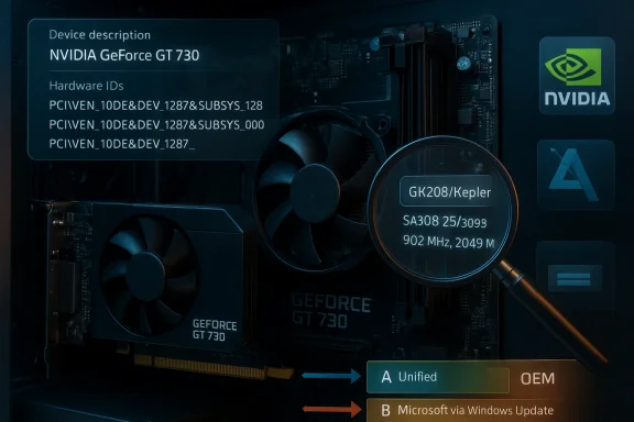 A magnifying glass highlights the NVIDIA GeForce GT 730 GPU inside a PC.