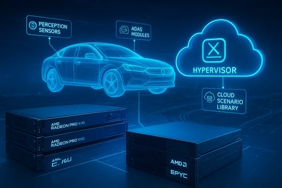 Blue neon diagram of an autonomous car with perception sensors, ADAS modules, and a cloud hypervisor.
