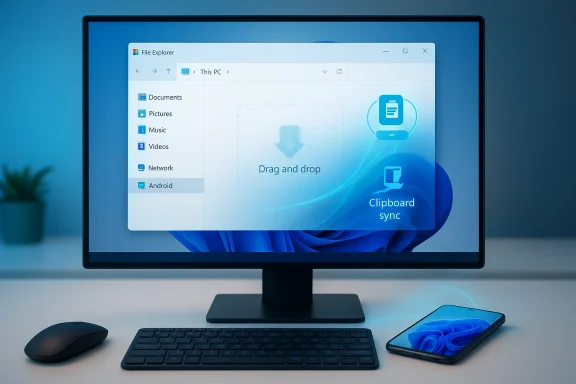 Desktop setup with Windows File Explorer open, showing drag-and-drop and clipboard sync.