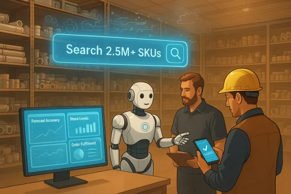 A robot explains inventory analytics to two workers in a warehouse under a neon 'Search 2.5M+ SKUs' sign.