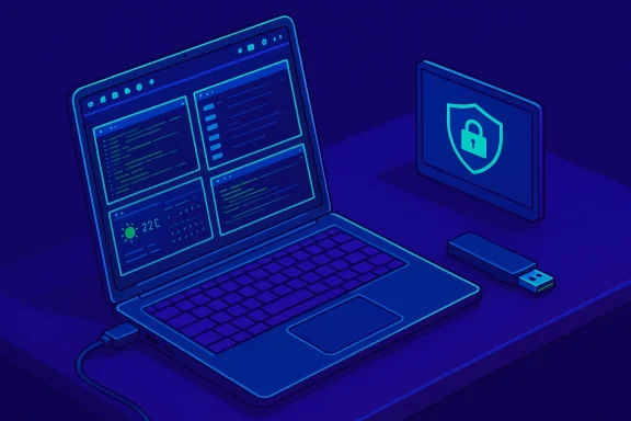 Neon blue laptop displays coding panels beside a security shield on a monitor.