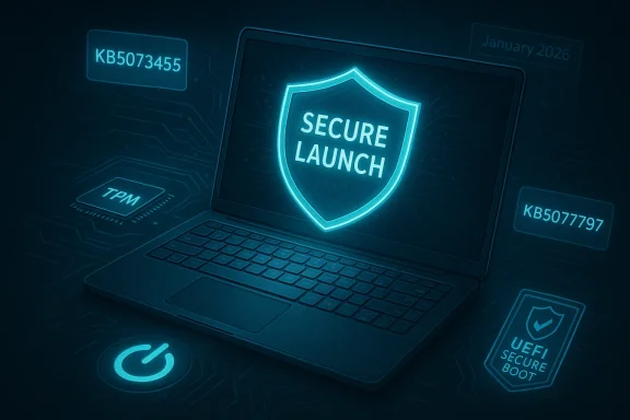 A laptop with a glowing shield displaying 'Secure Launch' on its screen. A laptop with a glowing shield displaying 'Secure Launch' on its screen.