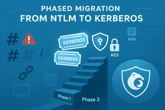 Illustration of a phased migration from NTLM to Kerberos with security icons.