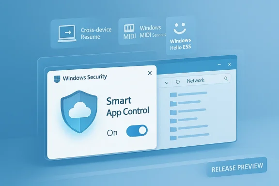 Windows Security shows Smart App Control turned on in a blue, futuristic UI.