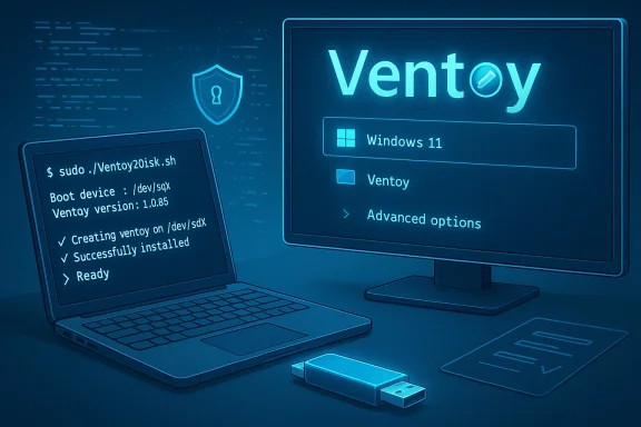 Blue-tinted setup showing Ventoy boot menu on a monitor, laptop, and USB drive.