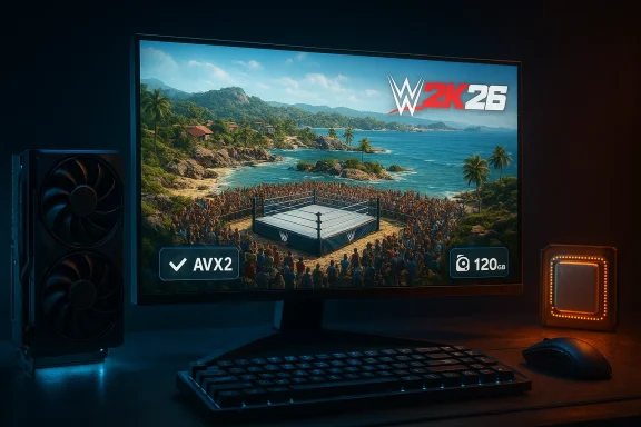 A gaming desk setup with a monitor showing WWE 2K26 and a beach wrestling ring surrounded by fans.