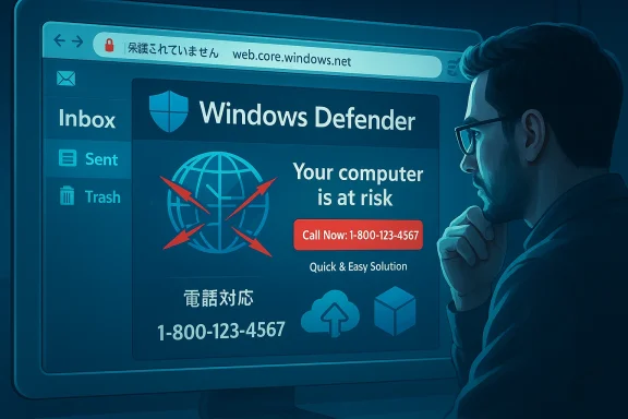 Man views a fake Windows Defender alert claiming his computer is at risk.
