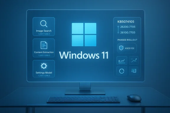Blue monochrome Windows 11 desktop UI on a monitor with keyboard and mouse.
