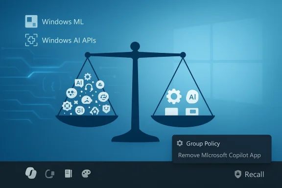 Windows AI balance: left pan crowded with AI icons, right pan with AI tools and a Group Policy prompt.