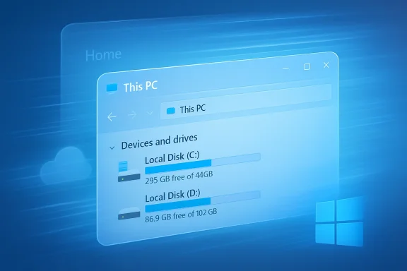 Windows This PC window showing drives and storage bars on a blue background.