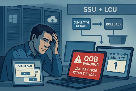 A stressed IT worker monitors OOB update warnings and Patch Tuesday alerts in a server room.