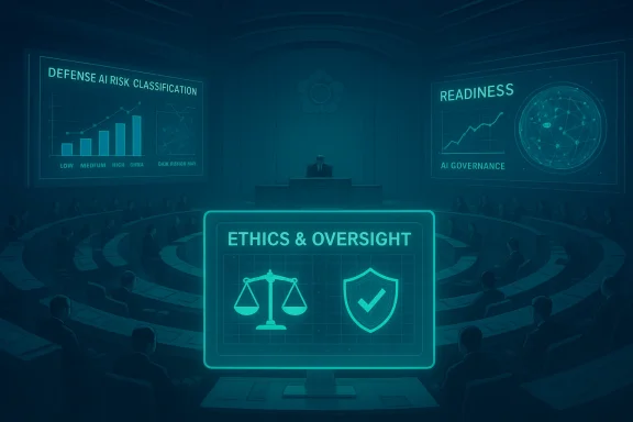 A futuristic council chamber displaying AI ethics and governance dashboards.