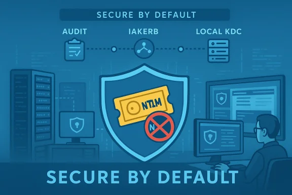 Blue security-by-default infographic featuring a shield, servers, and audit/kerberos labels.